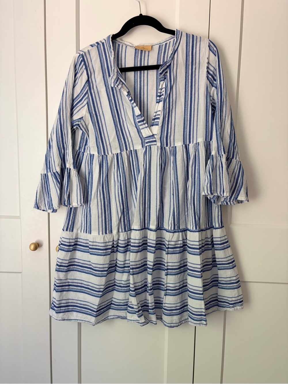 Domna Bogioka 100% Cotton Blue & White Striped Tiered Greek Dress | S/M